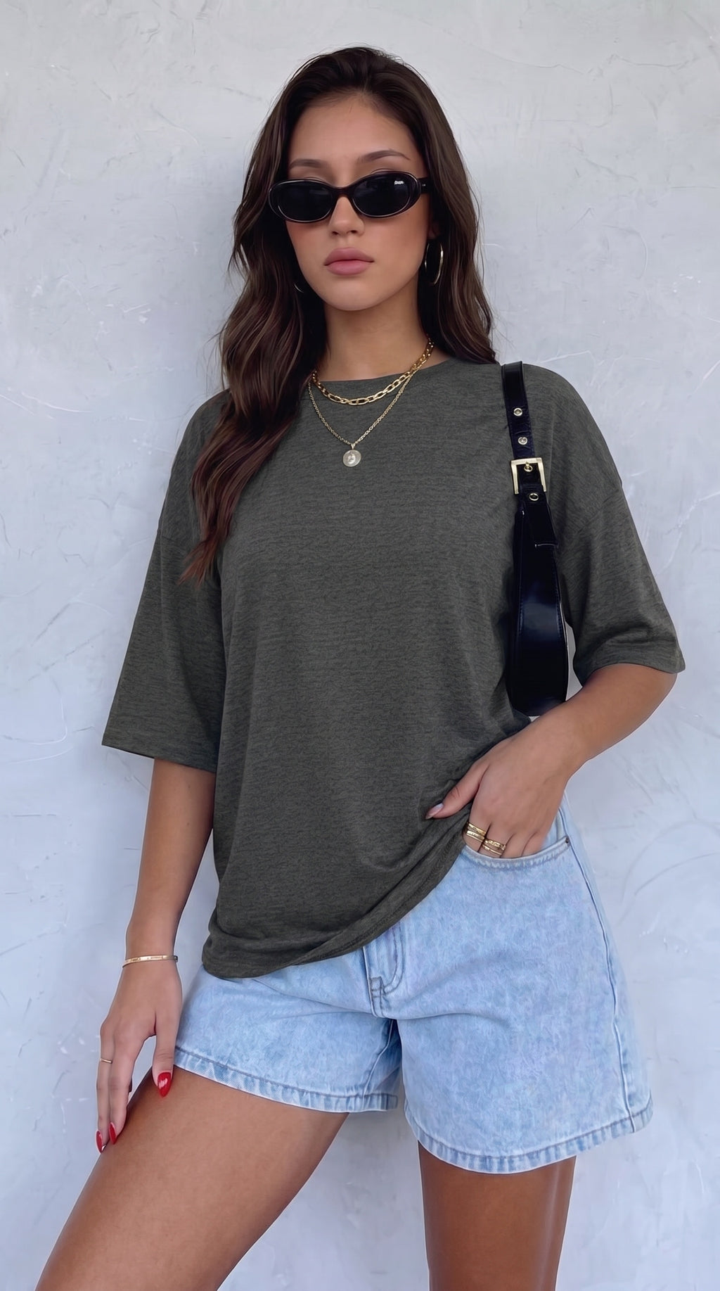 Kadın Antrasit Melanj Basic Düz Baskısız Oversize Salas T-shirt