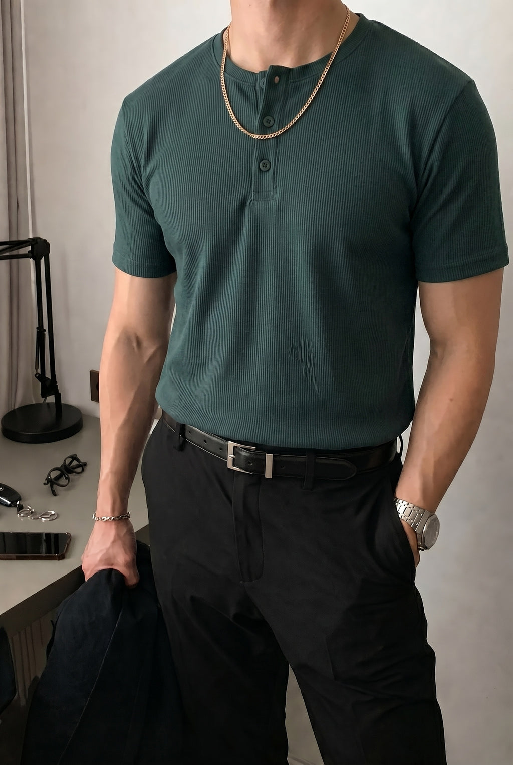 Erkek Haki Henley Yaka Tişört Üç Düğmeli Patlı Fitilli Regular T-shirt