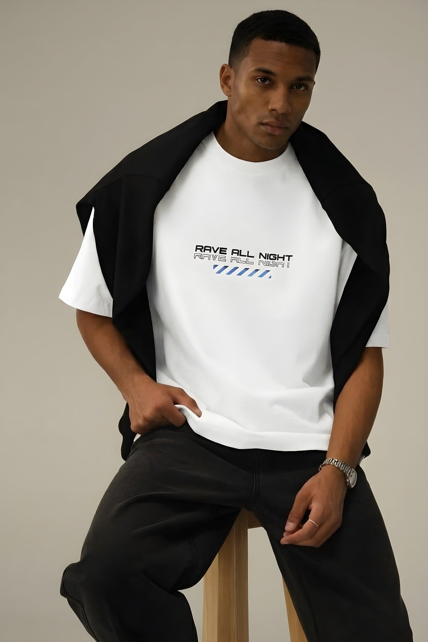 Erkek Ekru Beyaz Rave All Night Oversize Fit Bol Geniş Kalıp Salaş Kesim T-shirt