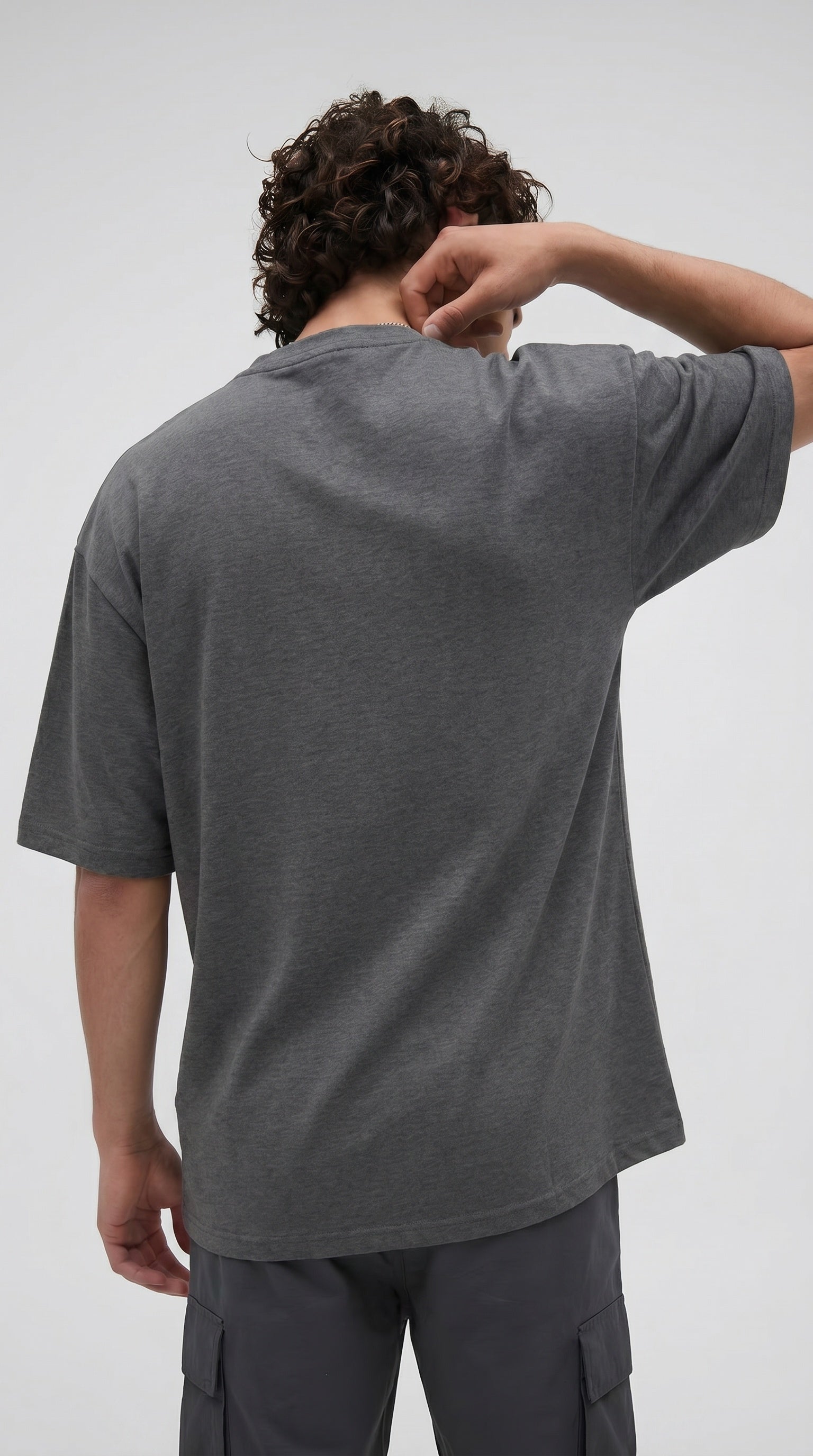 Erkek Antrasit Gri Melanj Geyik Baskılı Oversize Fit Bol Geniş Kalıp Salaş Kesim T-shirt