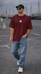 Erkek Bordo Free Life Bisiklet Yaka Oversize Salas T-Shirt