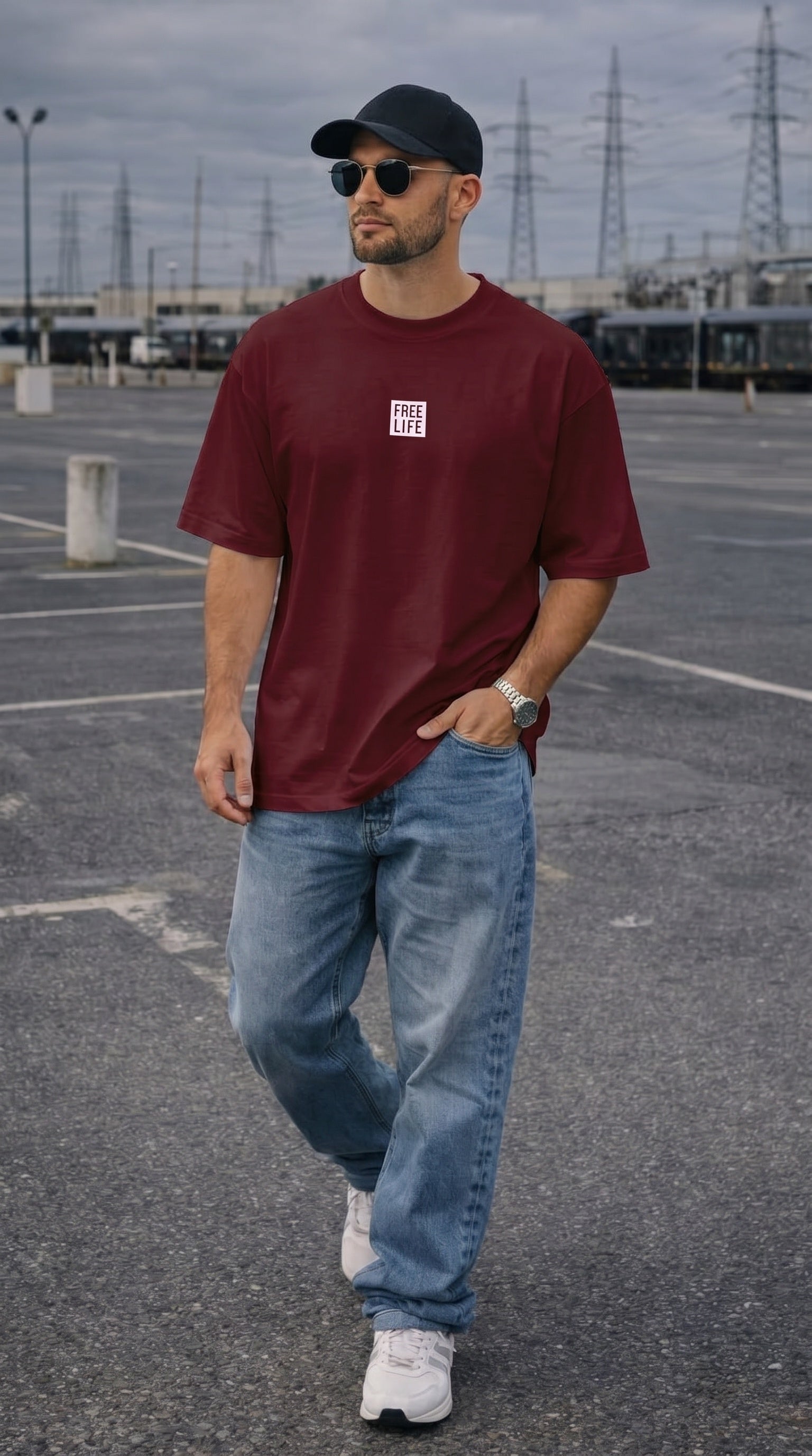 Erkek Bordo Free Life Bisiklet Yaka Oversize Salas T-Shirt