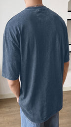 Erkek Mavi Oversize Asit Yıkamalı Eskitme Efektli Boyalı T-Shirt