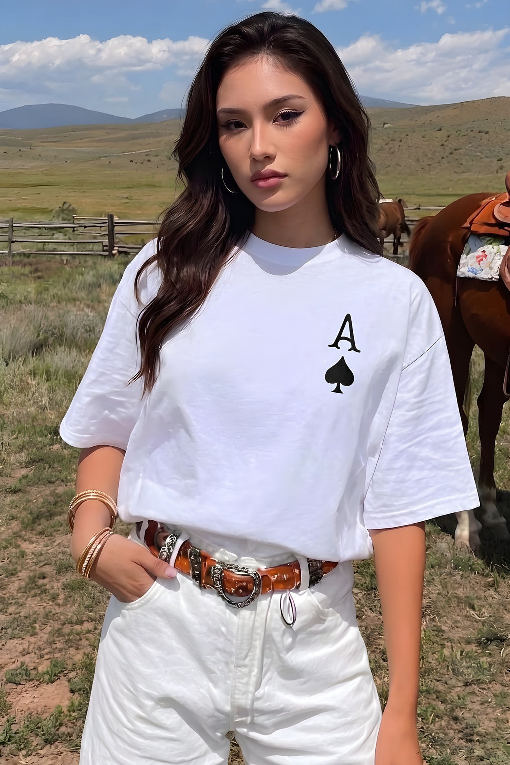 Kadın Maça As Baskılı Beyaz Oversize T-Shirt
