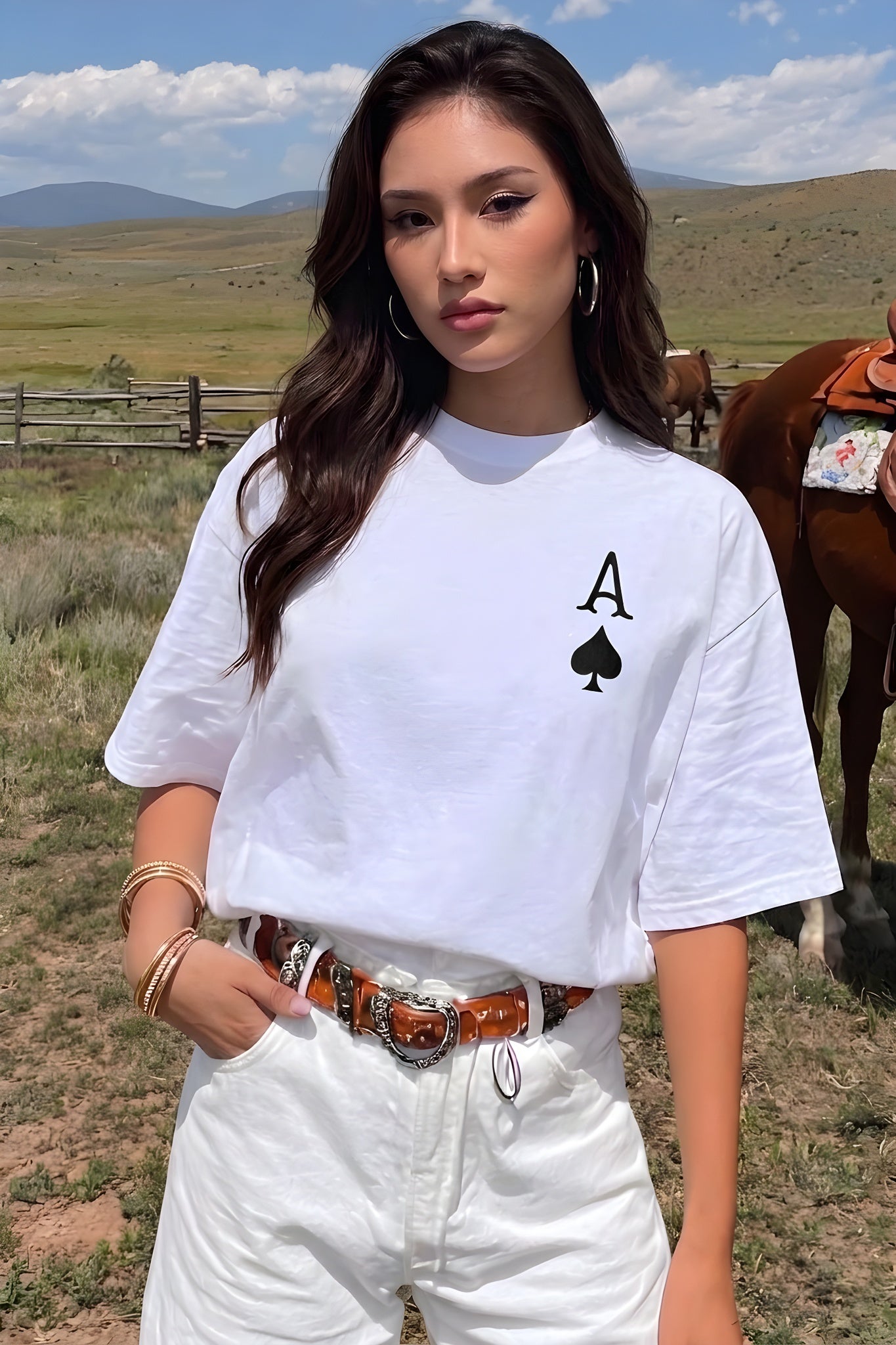 Kadın Maça As Baskılı Beyaz Oversize T-Shirt