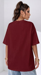 Kadın Bordo Free Life Bisiklet Yaka Oversize Salas T-Shirt