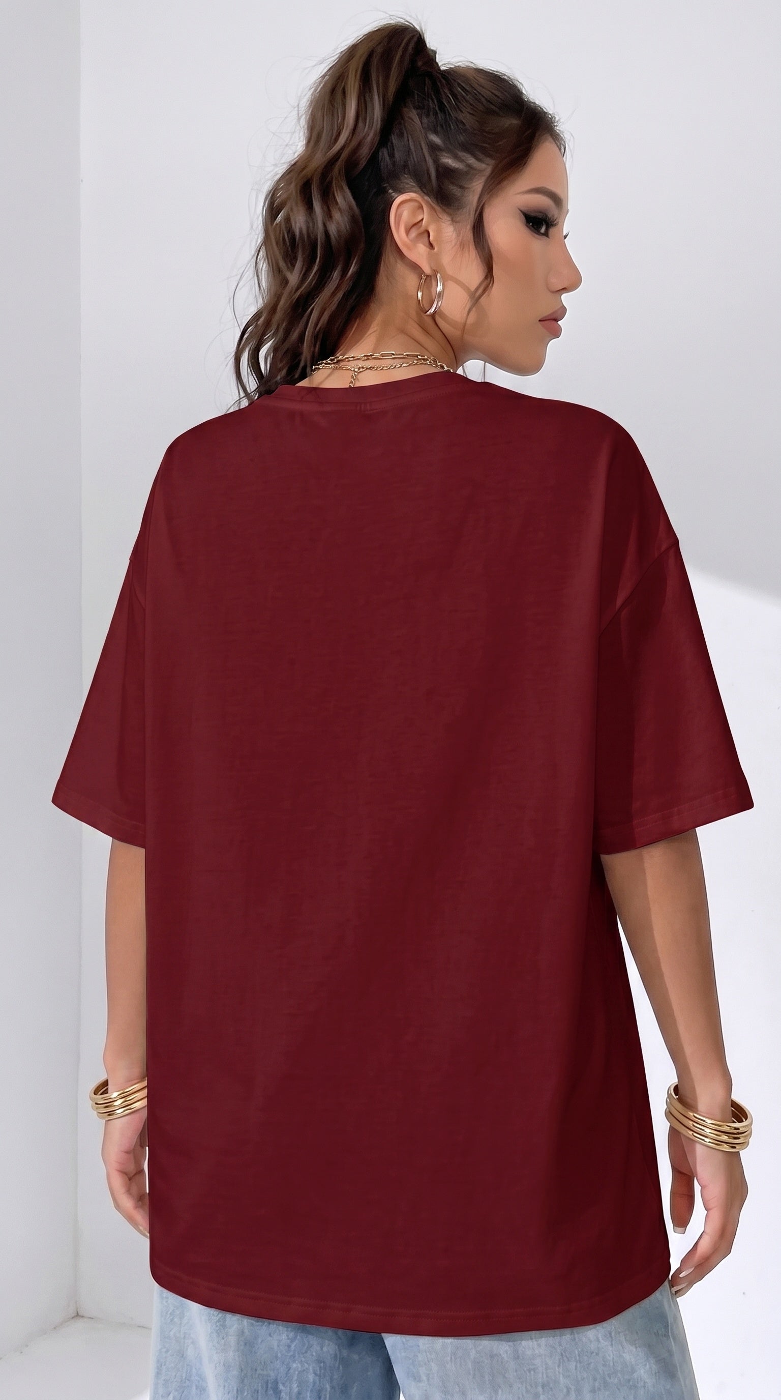 Kadın Bordo Free Life Bisiklet Yaka Oversize Salas T-Shirt