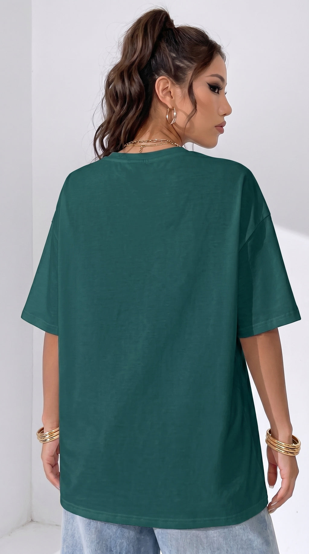 Kadın Petrol Yeşil Geyik Oversize Salas Boyfriend T-shirt
