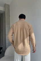 Nairobi Camel Renkli Soft Keten Görünümlü Yarım Oversize Rahat Kalıp Gömlek