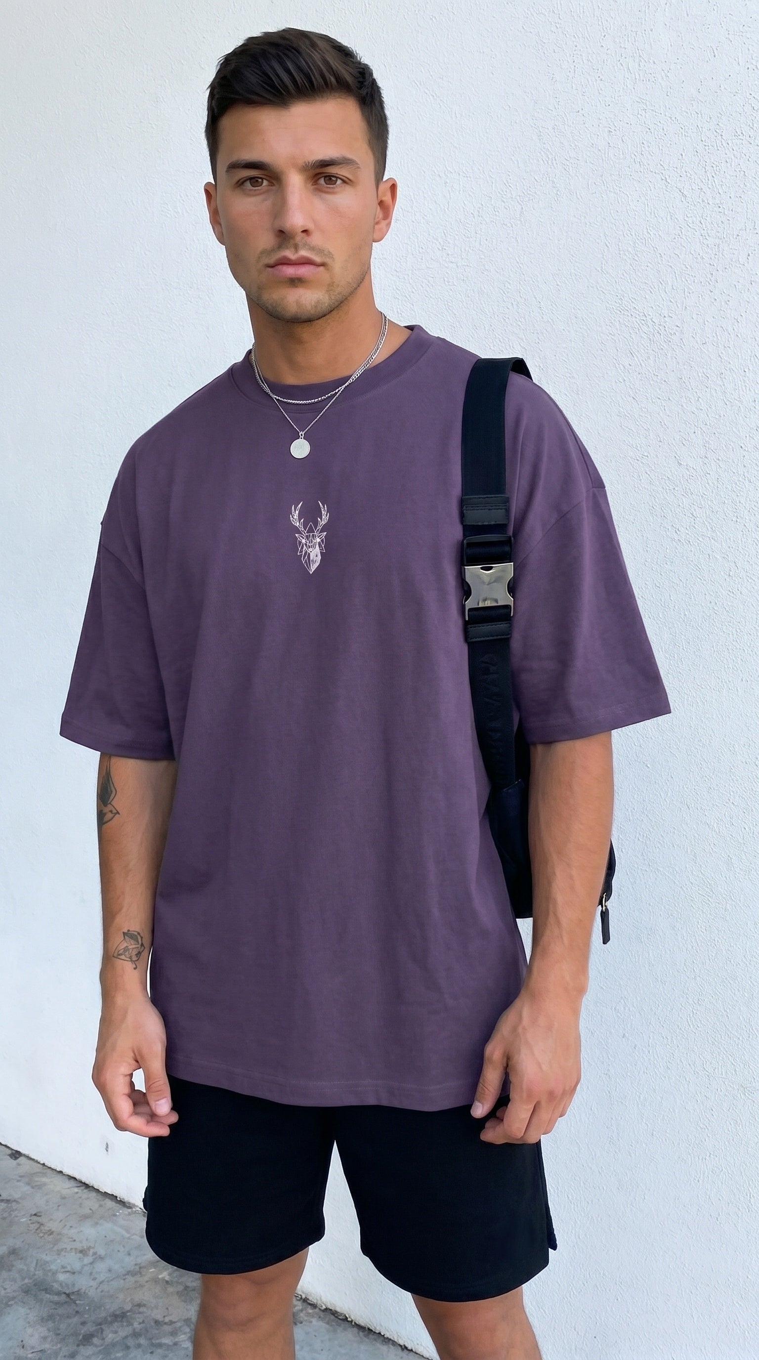 Erkek Mor Geyik Baskılı Oversize Fit Bol Geniş Kalıp Salaş Kesim T-shirt