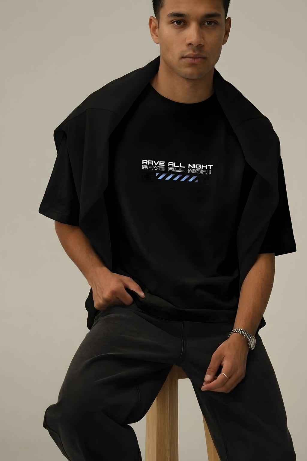 Erkek Siyah Rave All Night Oversize Fit Bol Geniş Kalıp Salaş Kesim T-shirt