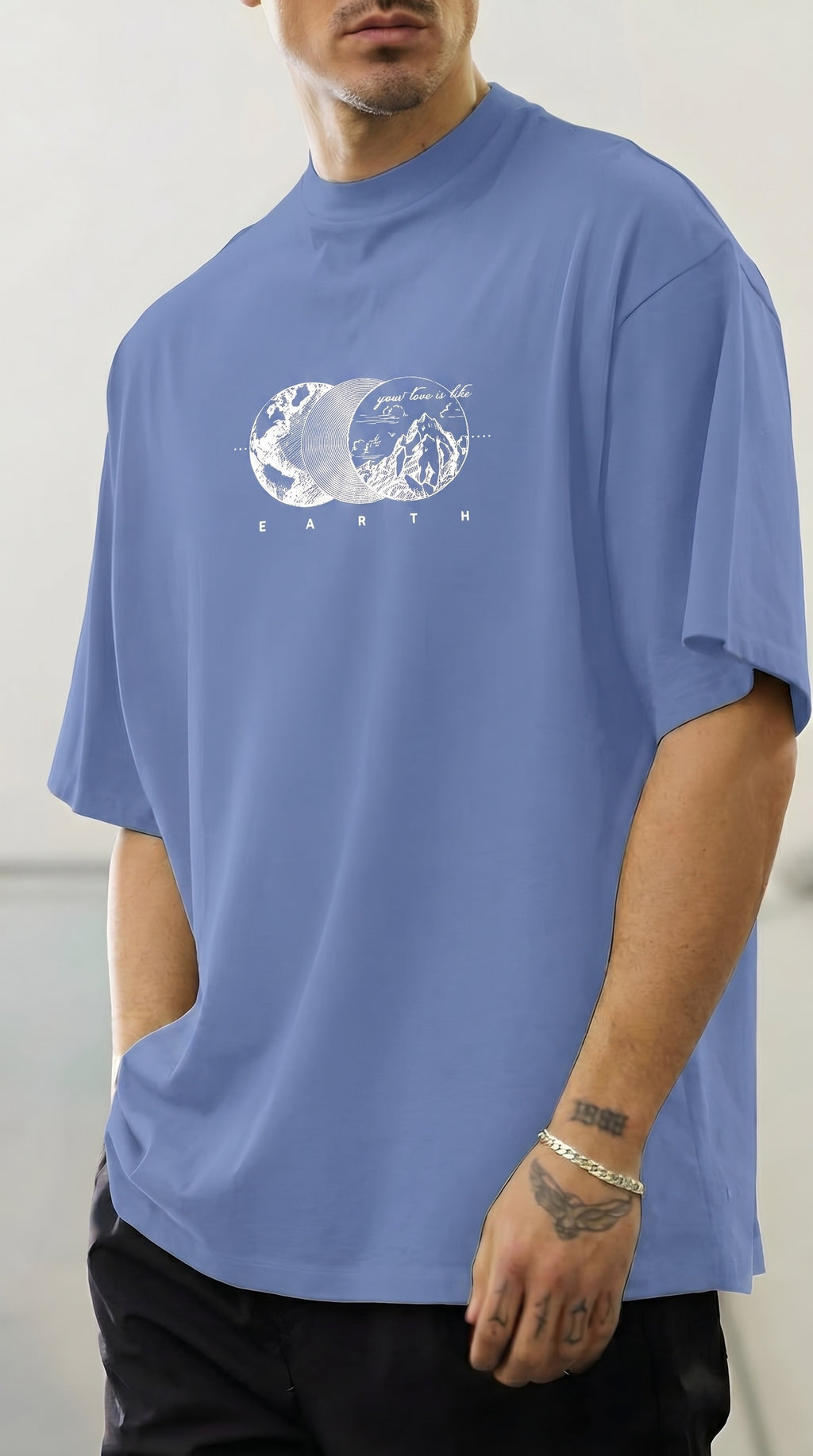 Erkek Mavi Earth Oversize Fit Bol Geniş Kalıp Salaş Kesim T-shirt