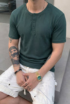 Erkek Haki Henley Yaka Tişört Üç Düğmeli Patlı Fitilli Regular T-shirt