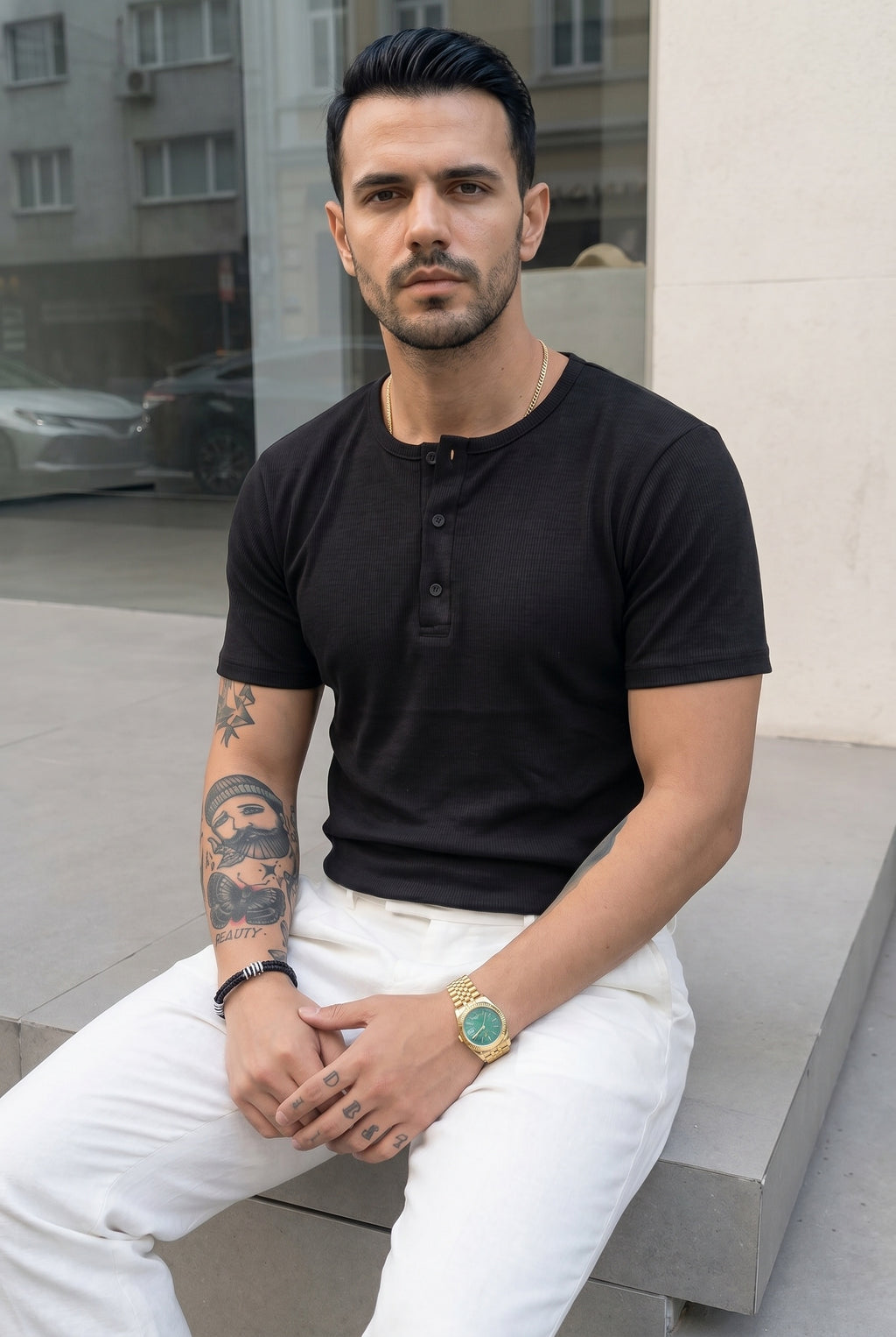 Erkek Siyah Henley Yaka Tişört Üç Düğmeli Patlı Fitilli Regular T-shirt
