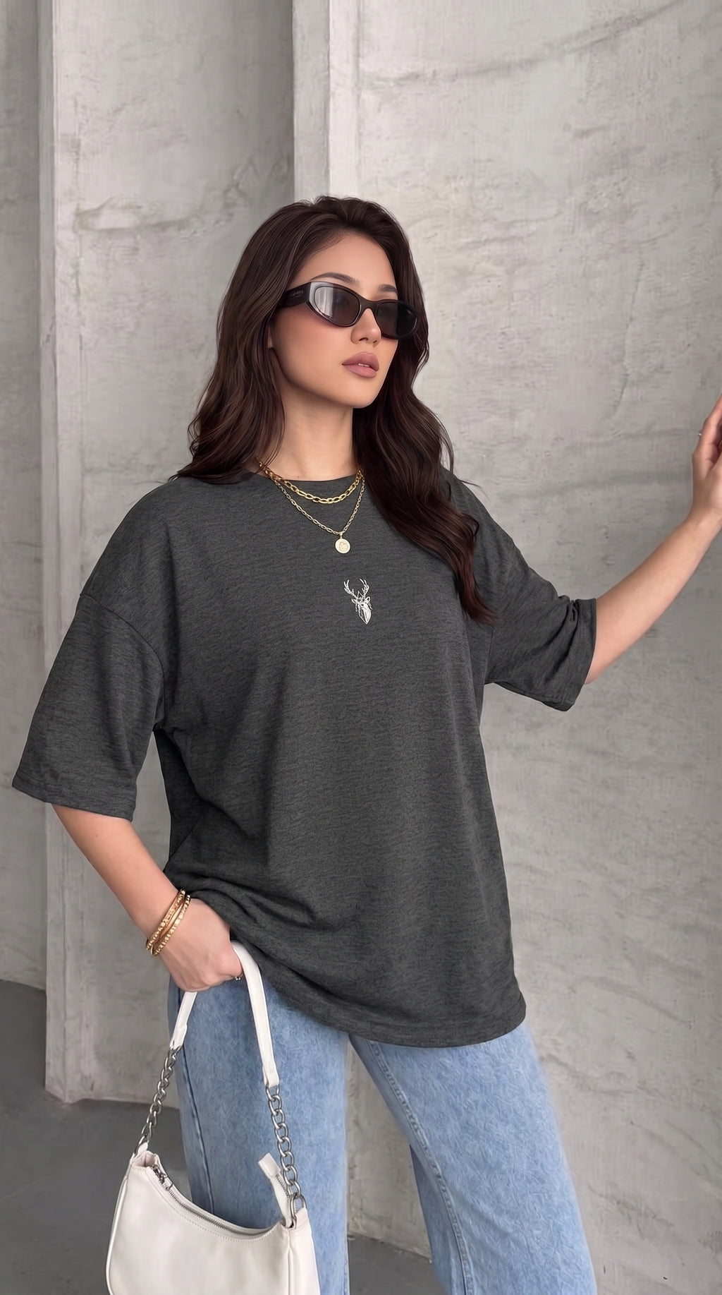 Kadın Antrasit Melanj Geyik Oversize Salas Boyfriend T-shirt