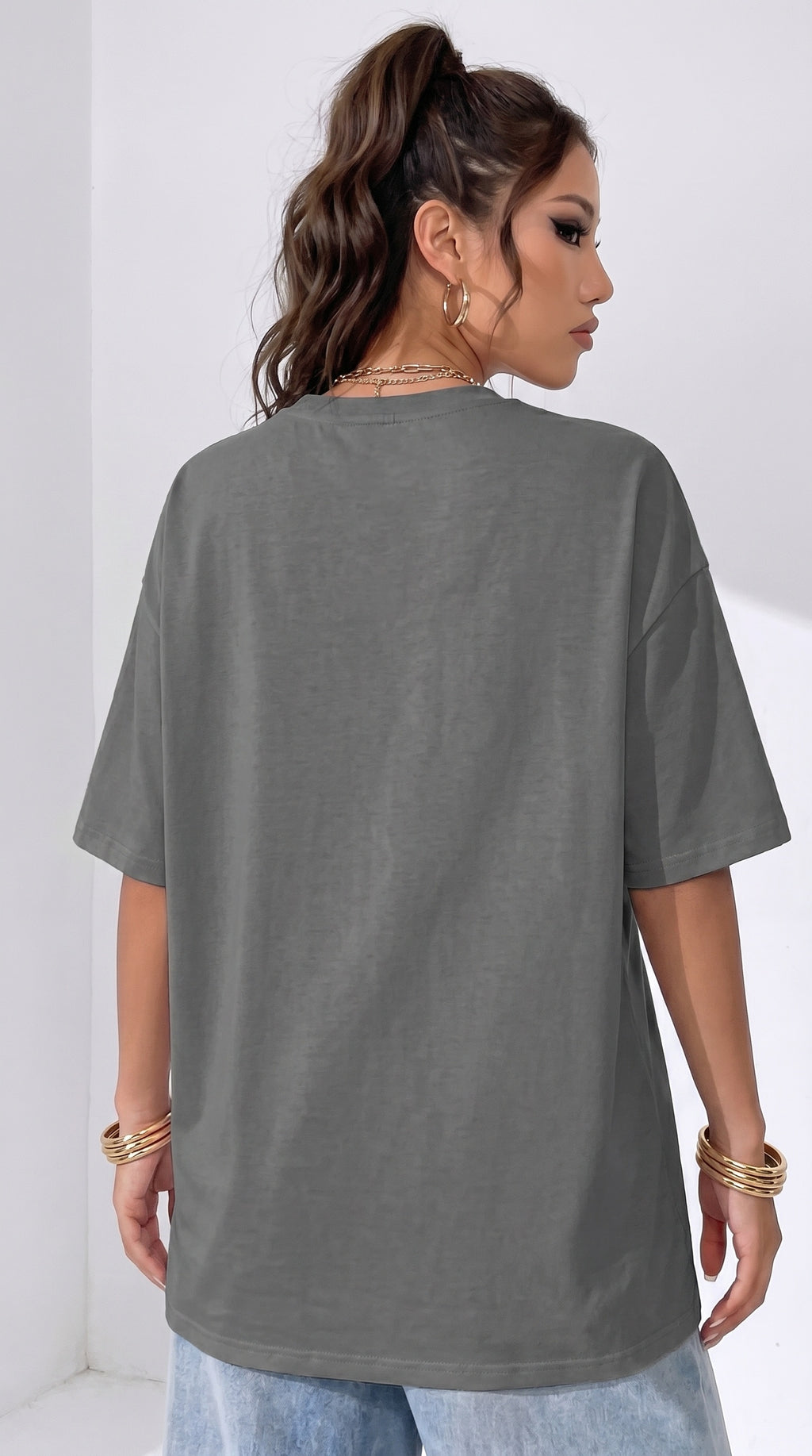 Kadın Gri Basic Düz Baskısız Oversize Salas T-shirt