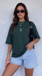 Kadın Koyu Petrol Yeşil Geyik Oversize Salas Boyfriend T-shirt
