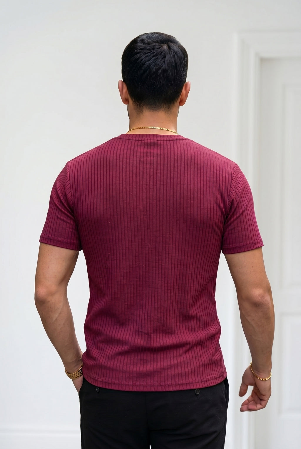 Erkek Bordo Bisiklet Yaka Fitilli Örme Dik Çizgi Regular Kalıp Kısa Kol Tişört