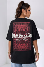 Kadın Dimension Baskılı Siyah Bisiklet Yaka Oversize Salaş T-Shirt