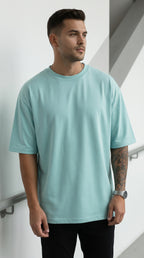 Erkek Turkuaz Basic Düz Baskısız Oversize Salas T-Shirt
