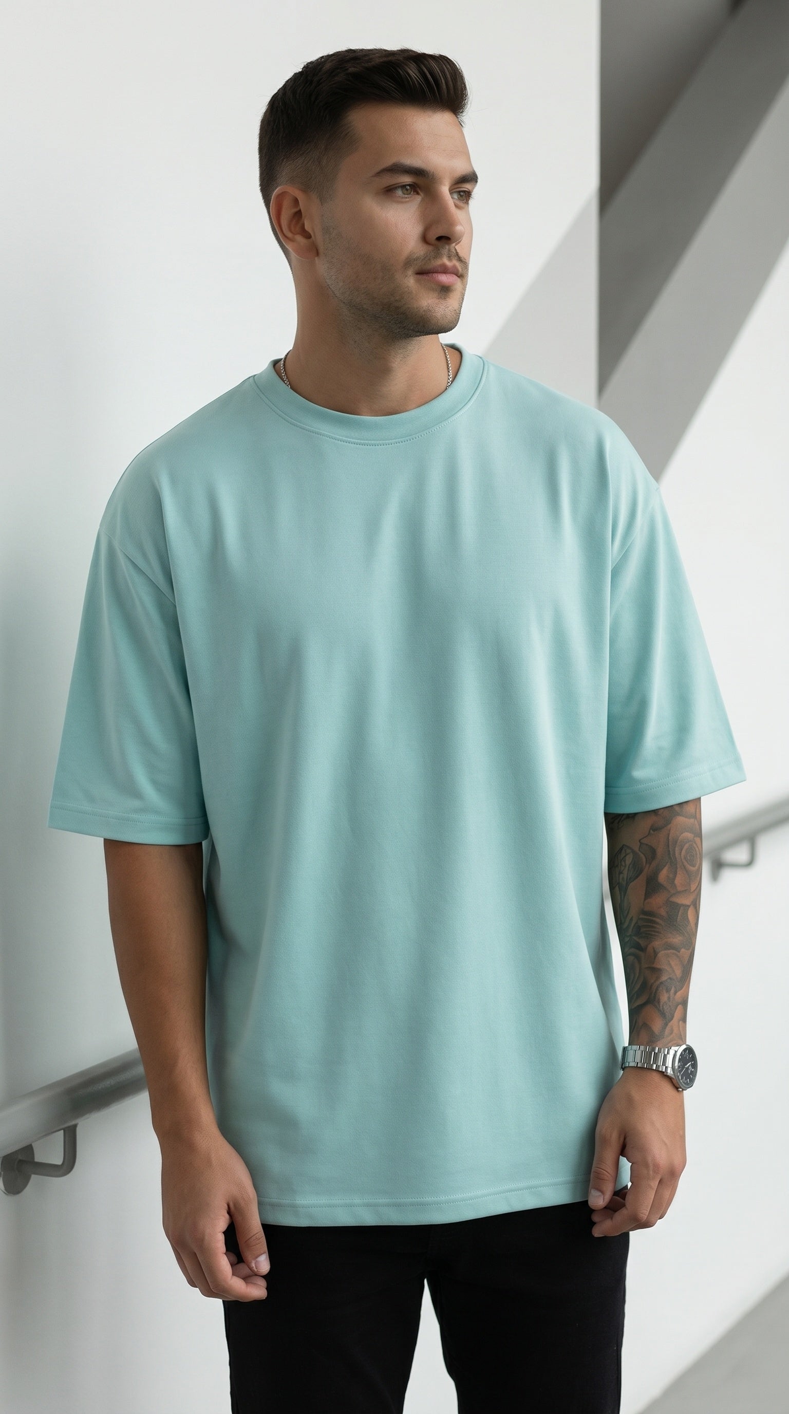 Erkek Turkuaz Basic Düz Baskısız Oversize Salas T-Shirt