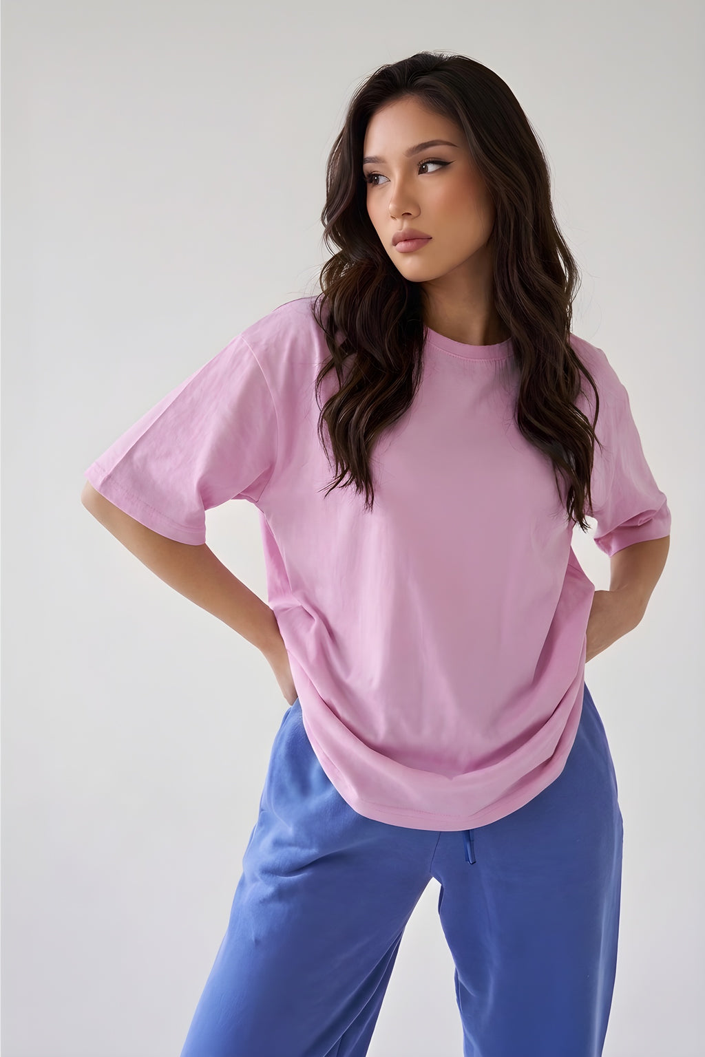 Açık Pembe Basic Düz Baskısız Oversize Salas Boyfriend Kadın T-Shirt