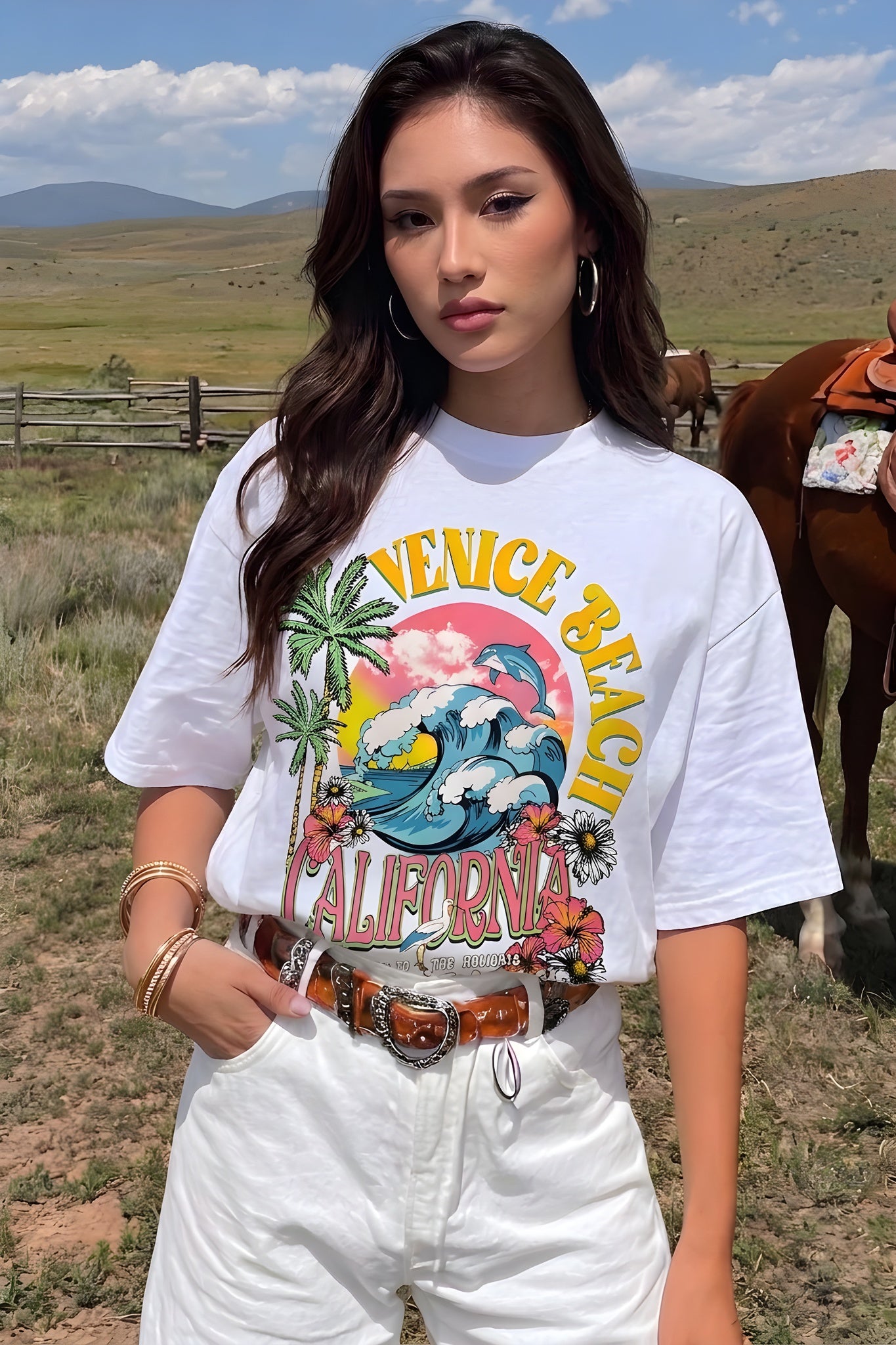Kadın Venice California Oversize Beyaz T-Shirt - K2190