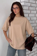 Kadın Camel Basic Düz Baskısız Oversize Salas Boyfriend T-Shirt