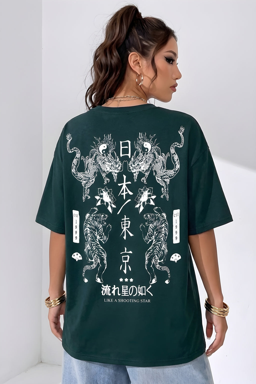 Kadın Dragon Baskılı Petrol Yeşili Bisiklet Yaka Oversize Salaş T-Shirt