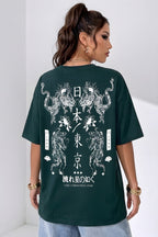 Kadın Dragon Baskılı Petrol Yeşili Bisiklet Yaka Oversize Salaş T-Shirt