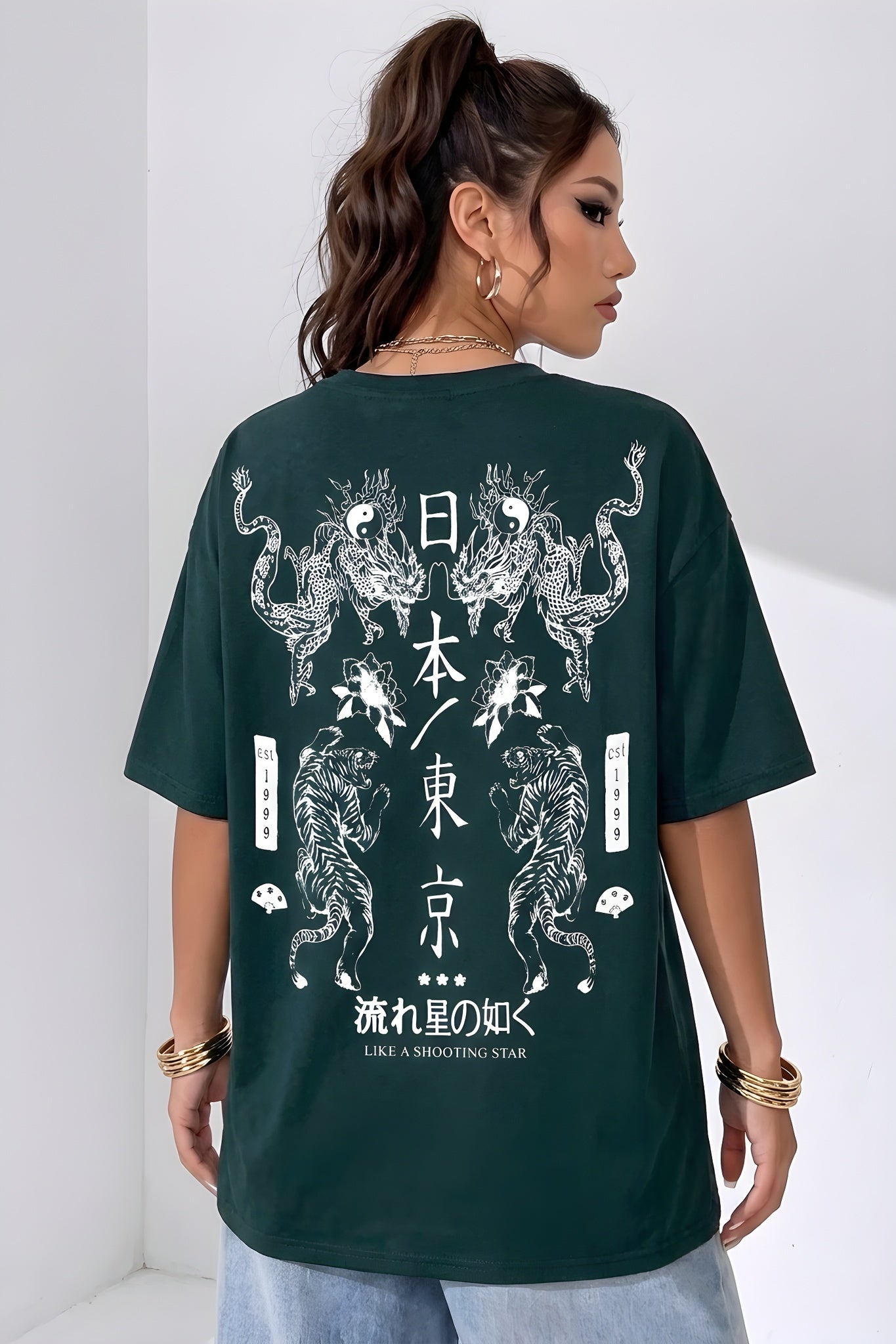 Kadın Dragon Baskılı Petrol Yeşili Bisiklet Yaka Oversize Salaş T-Shirt