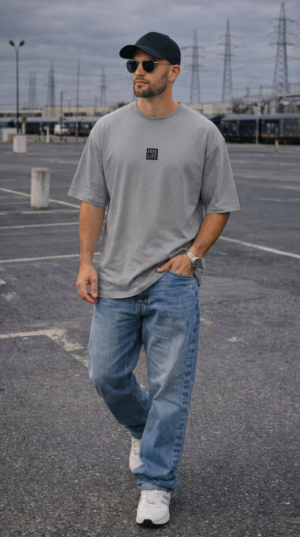 Erkek Melanj Gri Free Life Bisiklet Yaka Oversize Salas T-Shirt