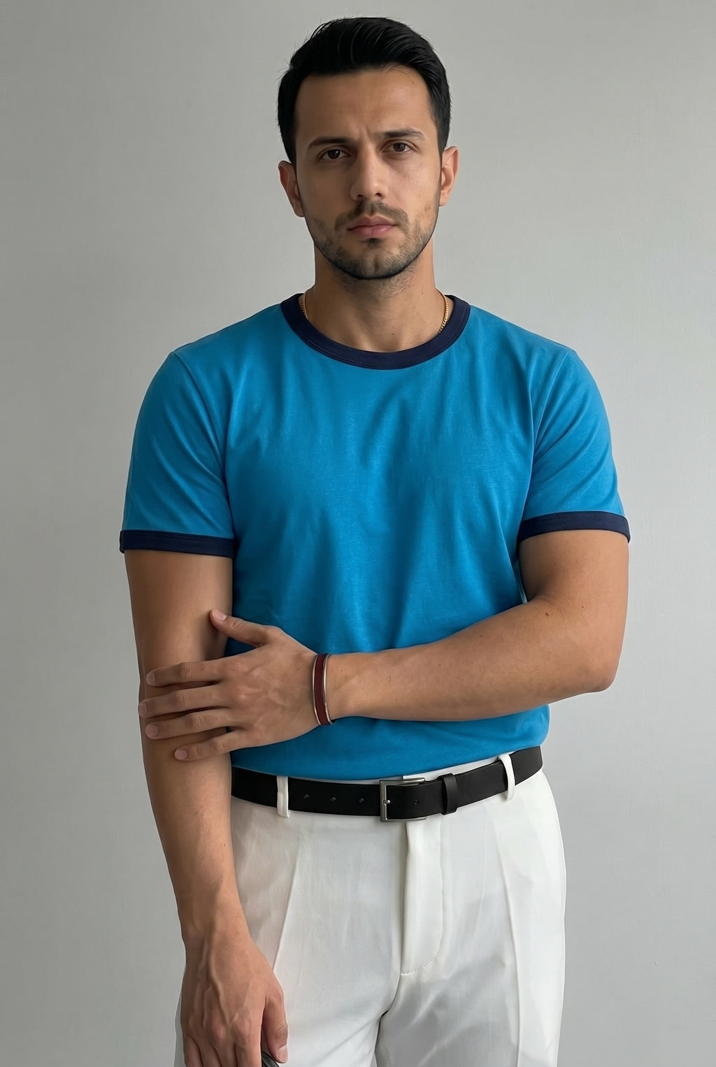Erkek Mavi Renkli Tişört Bisiklet Yaka Kol Garnili Regular T-shirt