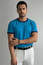 Erkek Mavi Renkli Tişört Bisiklet Yaka Kol Garnili Regular T-shirt