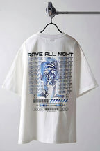 Erkek Ekru Beyaz Rave All Night Oversize Fit Bol Geniş Kalıp Salaş Kesim T-shirt