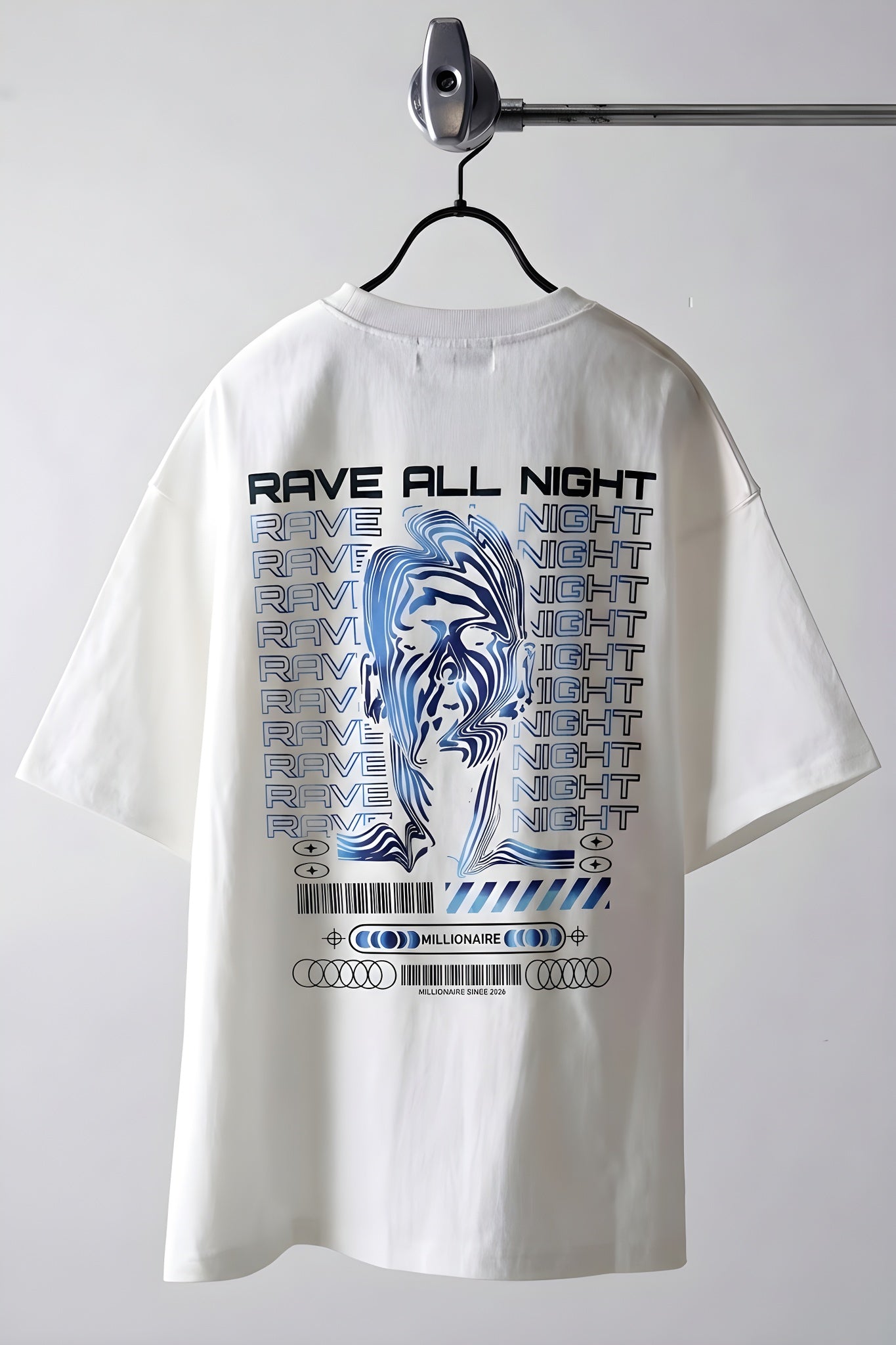 Erkek Ekru Beyaz Rave All Night Oversize Fit Bol Geniş Kalıp Salaş Kesim T-shirt