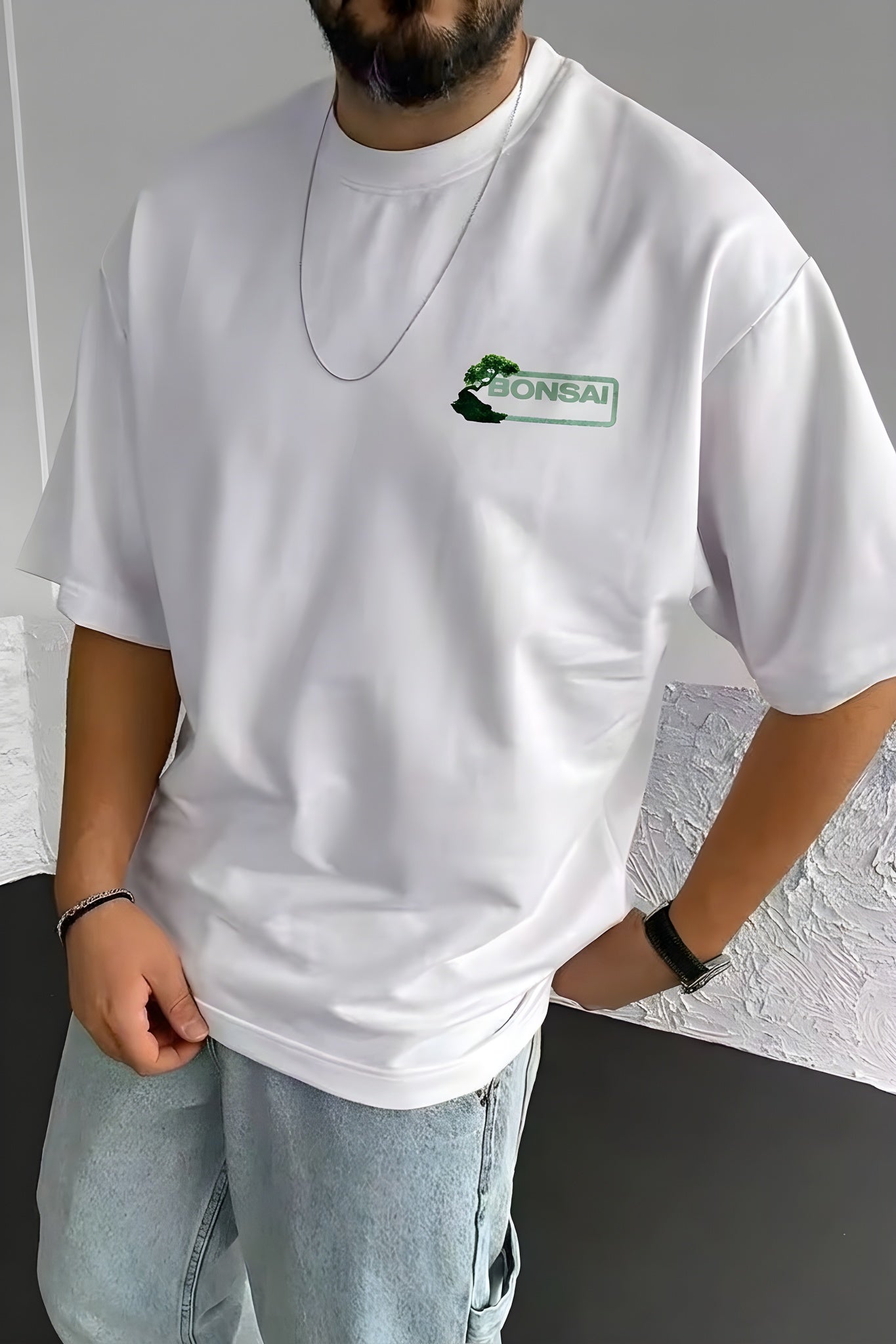 Erkek Ekru Beyaz Bonsai Oversize Fit Bol Geniş Kalıp Salaş Kesim T-shirt