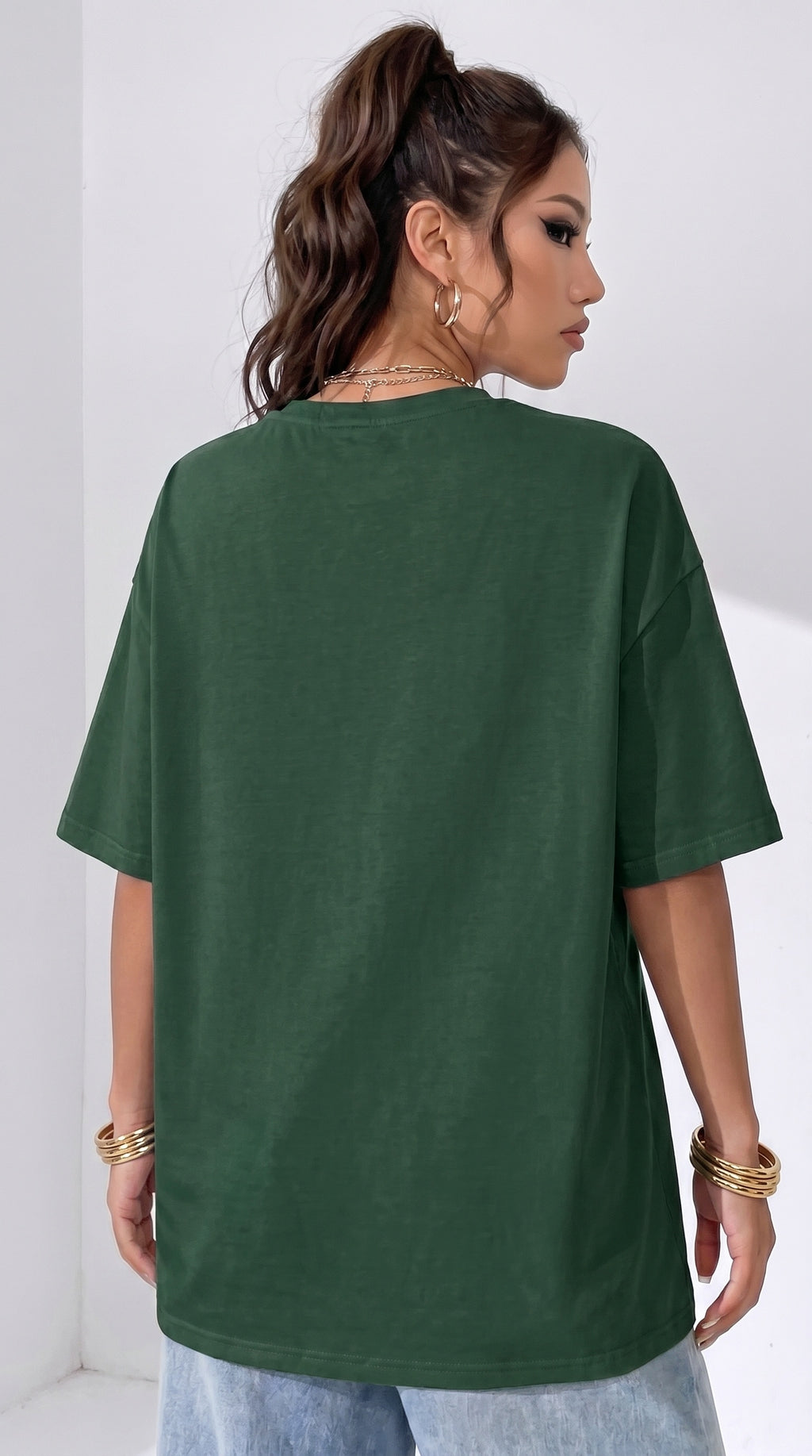 Kadın Nefti Yeşil Geyik Oversize Salas Boyfriend T-shirt