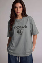 1898 Baskılı Gri Oversize Salas Boyfriend Kadın T-Shirt