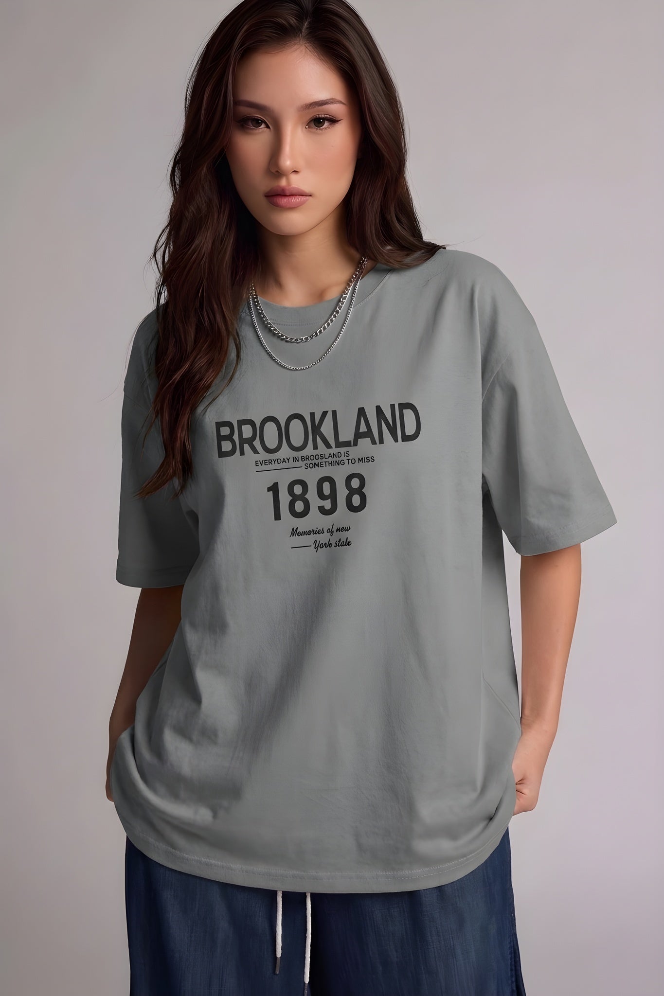 1898 Baskılı Gri Oversize Salas Boyfriend Kadın T-Shirt