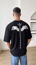 Erkek Siyah I Can Fly Oversize Fit Bol Geniş Kalıp Salaş Kesim T-shirt