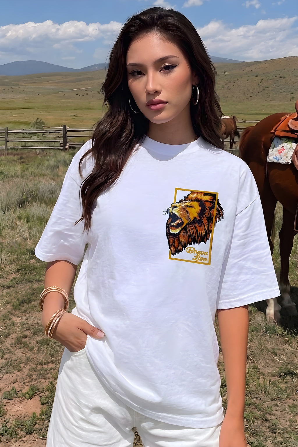 Kadın Aslan Baskılı Beyaz Bisiklet Yaka Oversize Salaş T-Shirt