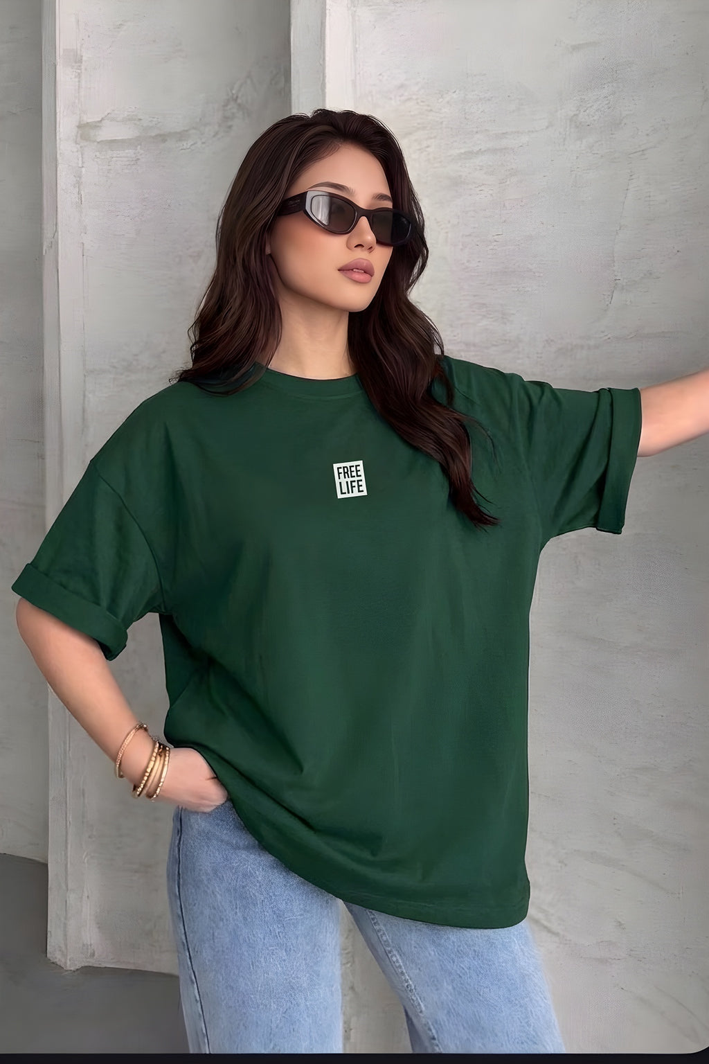 Kadın Free Life Nefti Bisiklet Yaka Oversize Salas T-Shirt