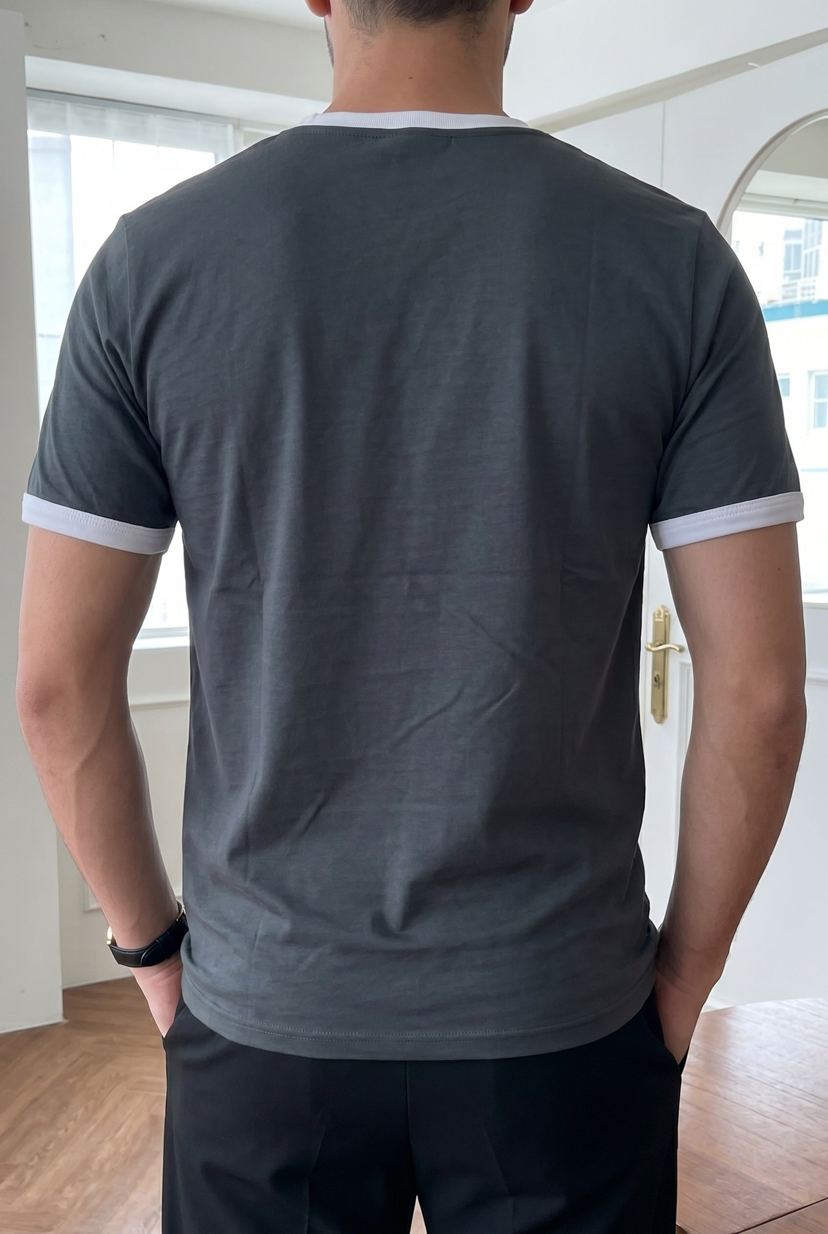 Erkek Gri Renkli Tişört Bisiklet Yaka Kol Garnili Regular T-shirt