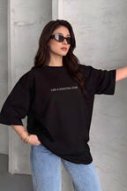 Kadın Dragon Baskılı Siyah Bisiklet Yaka Oversize Salaş T-Shirt