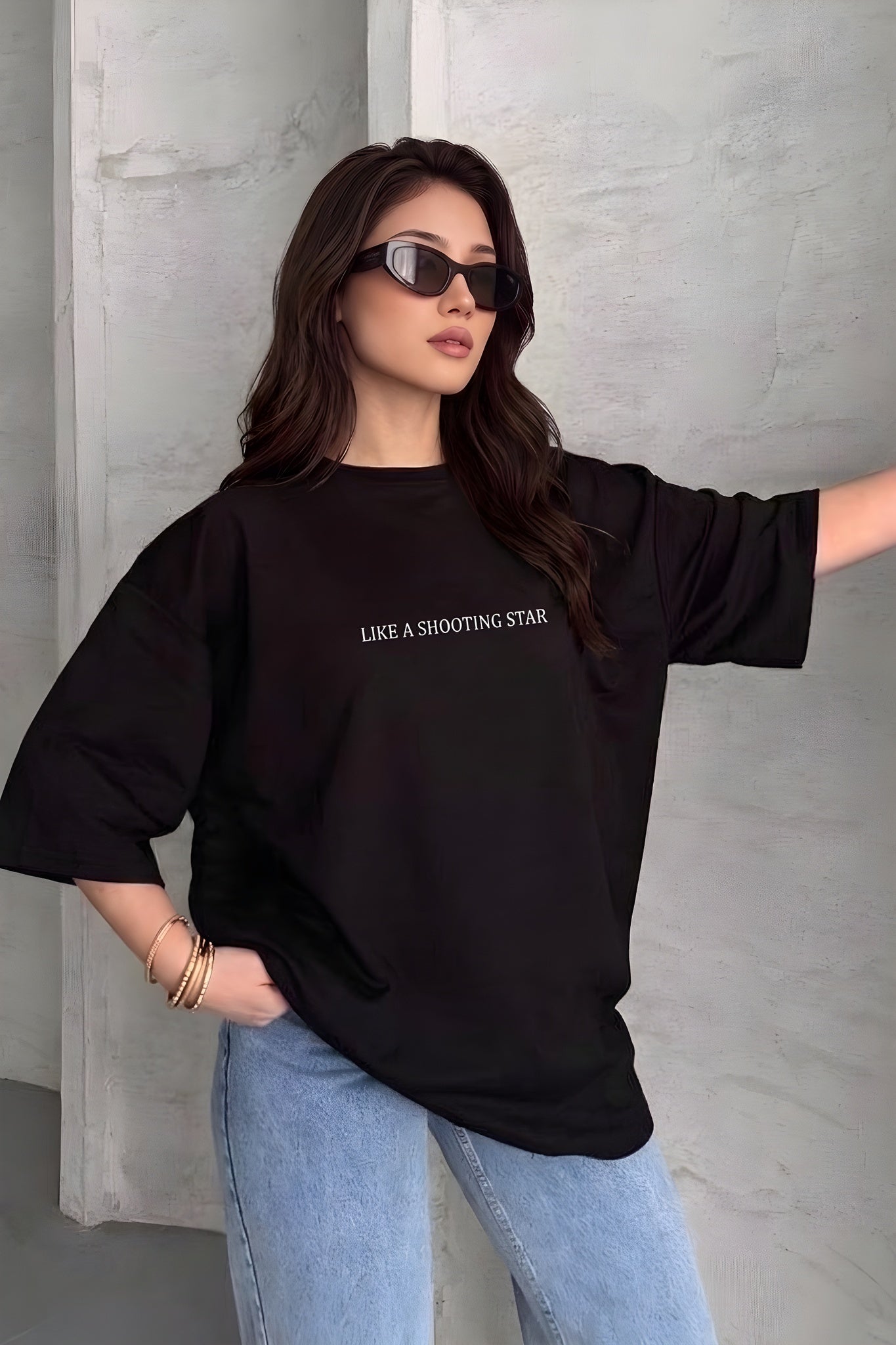 Kadın Dragon Baskılı Siyah Bisiklet Yaka Oversize Salaş T-Shirt