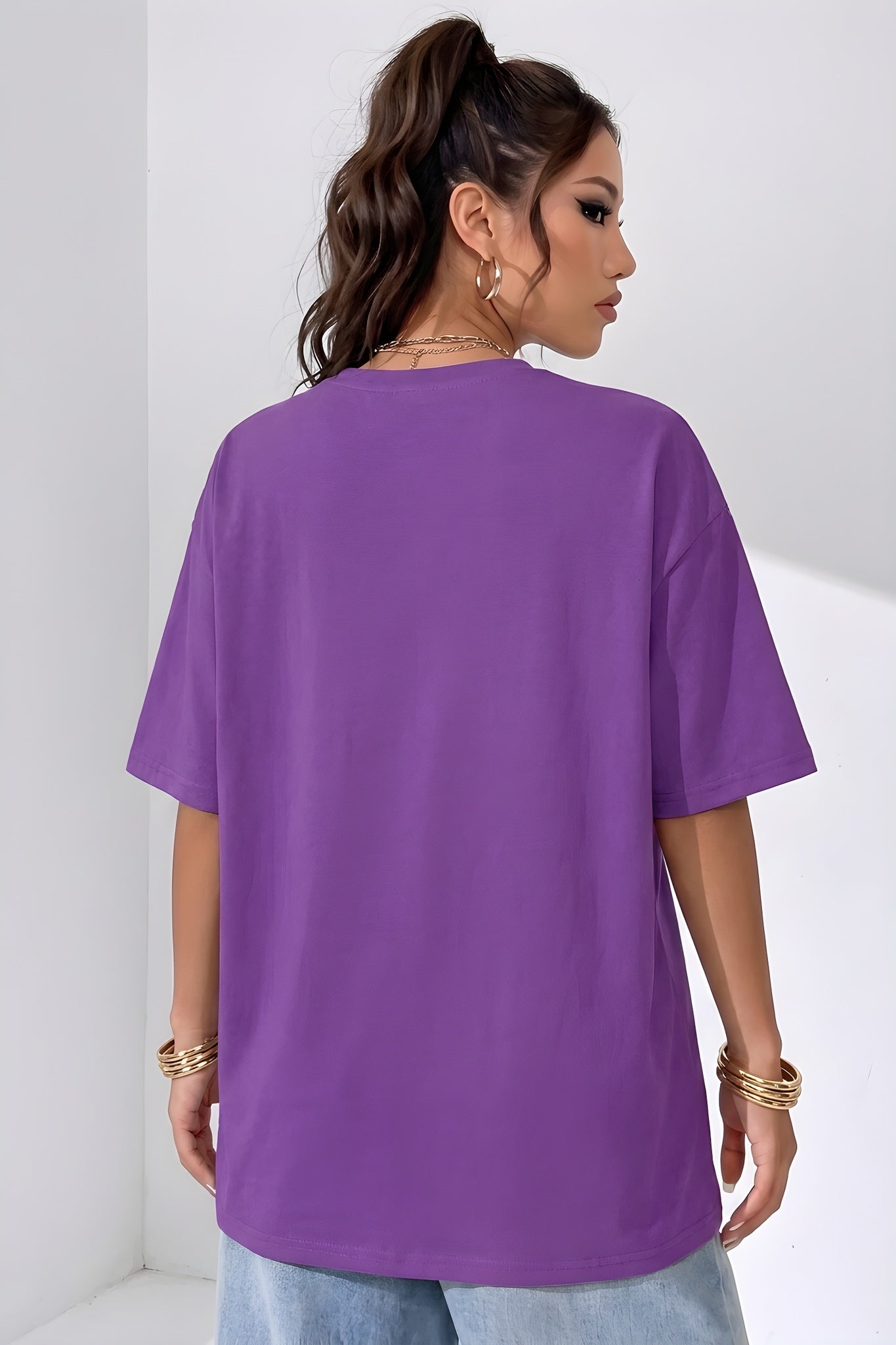 Mor Basic Düz Baskısız Oversize Salas Boyfriend Kadın T-Shirt