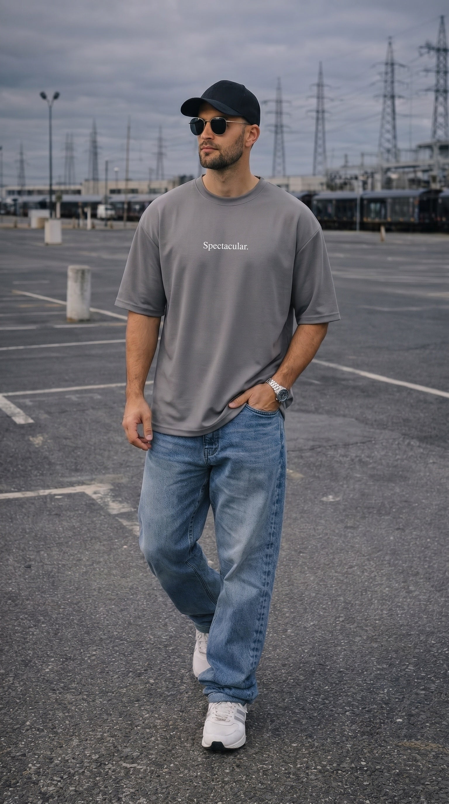Erkek Füme Spectacular Beyaz Baskılı Oversize Salas T-Shirt