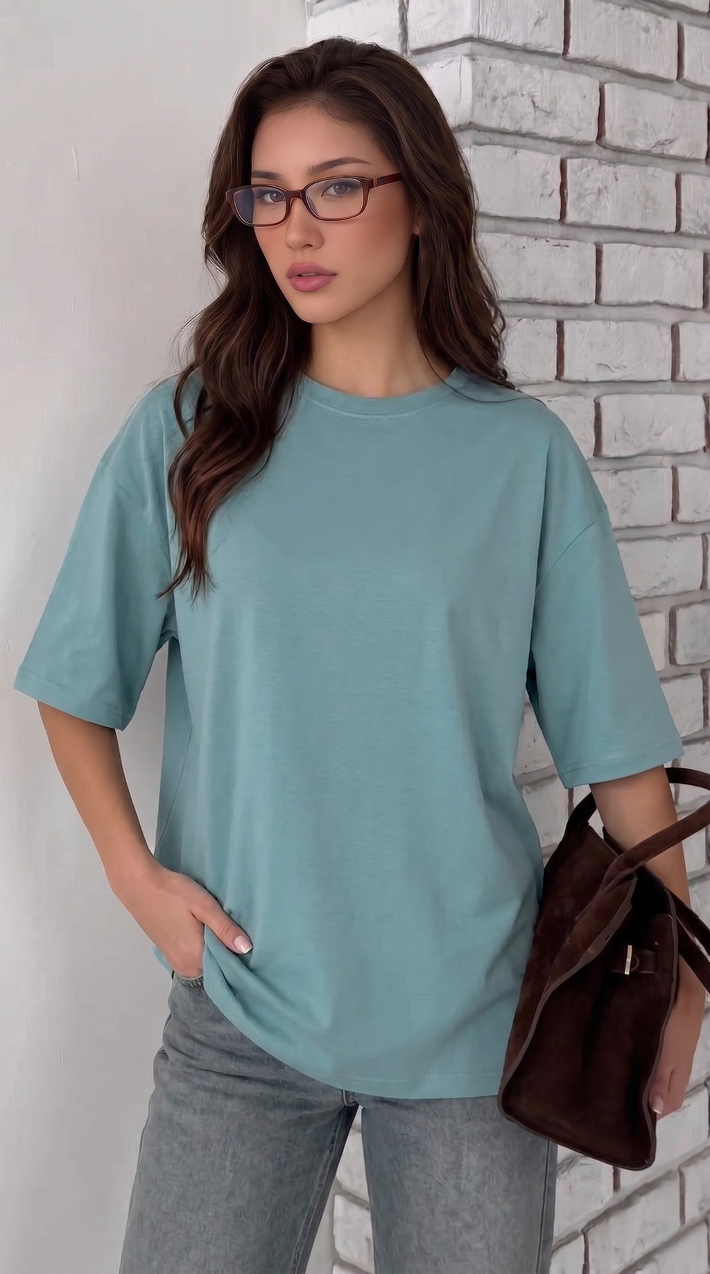 Kadın Turkuaz Basic Düz Baskısız Oversize Salas T-shirt