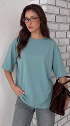 Kadın Turkuaz Basic Düz Baskısız Oversize Salas T-shirt